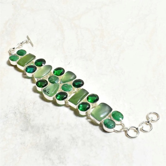 Nephrite Jade + Green Quartz gemstone statement vintage bracelet - Picture 8 of 13